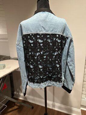 Black Crochet Lace and Blue Denim Jean Jacket with Black Embroidered Flowers